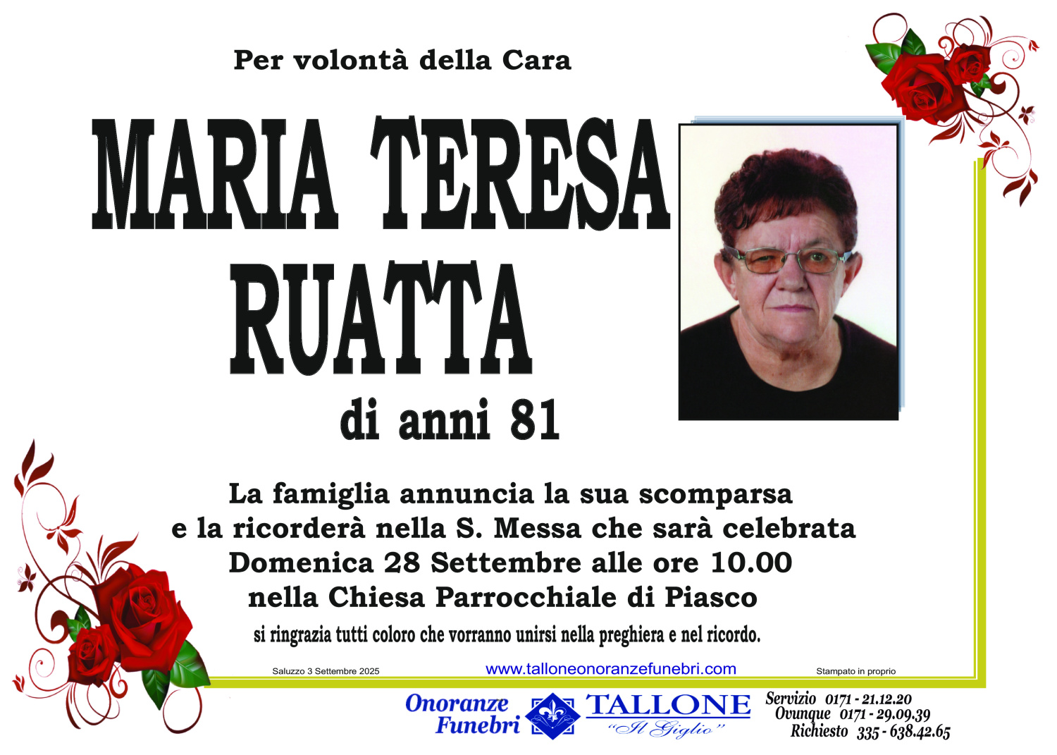 <br />
<b>Warning</b>:  Undefined variable $info in <b>/home/tallone/public_html/ringraziamenti.php</b> on line <b>68</b><br />
Maria Teresa Ruatta